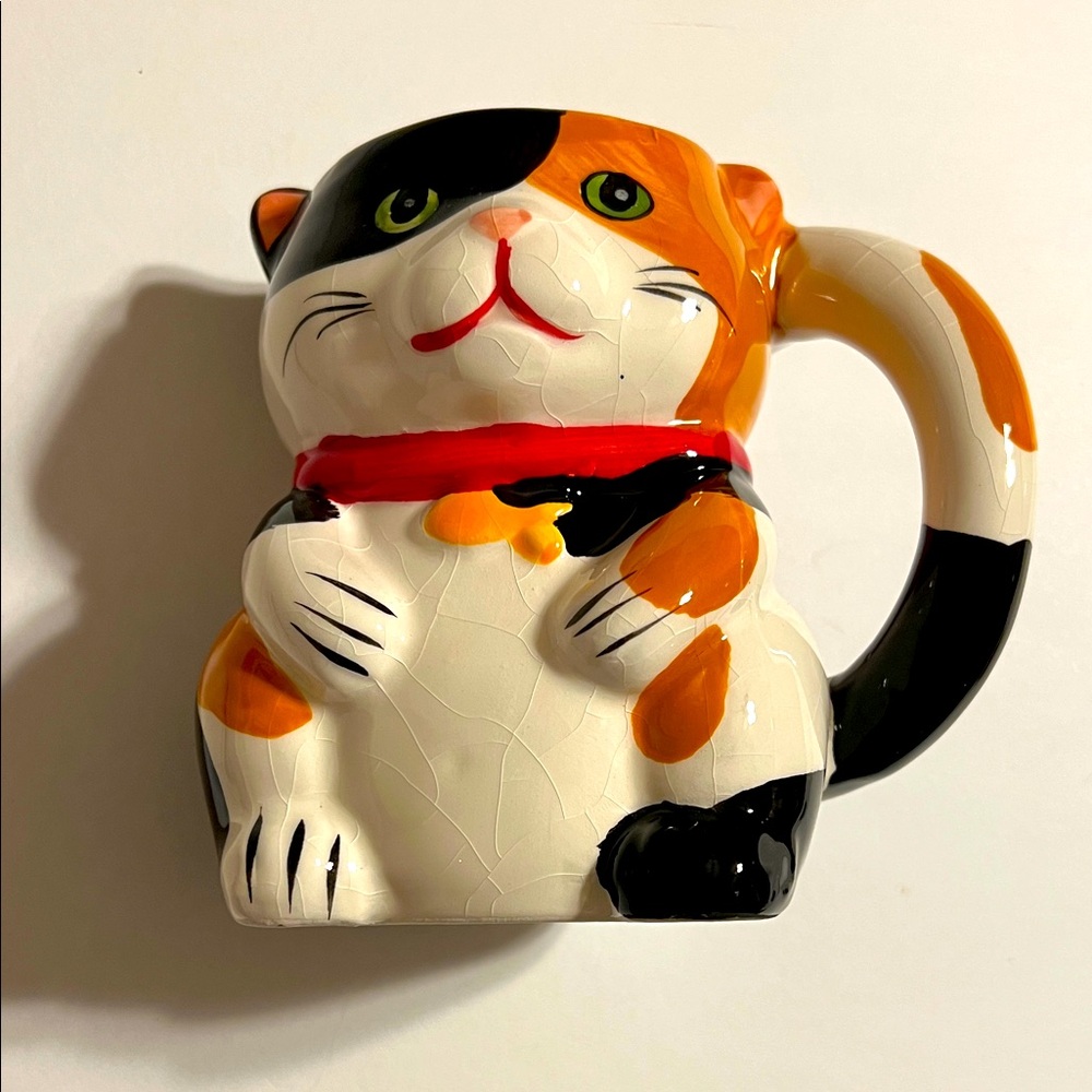 Pier 1 Calico Cat/Mouse Mug in Black, Orange, and White. 12 oz Hand Painted
